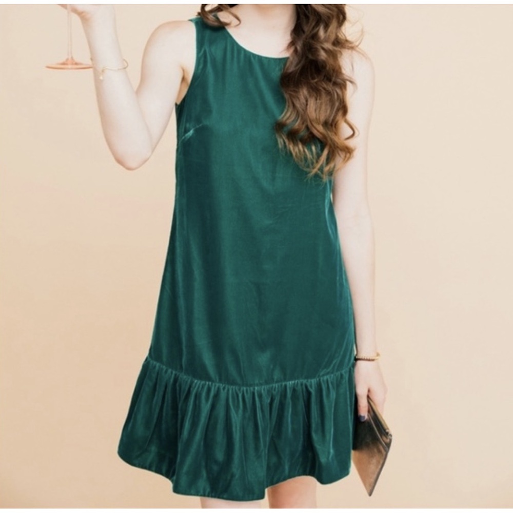 J Crew Emerald Green Velvet Ruffle Hem Shift Dress Womens 2 Cocktail Party